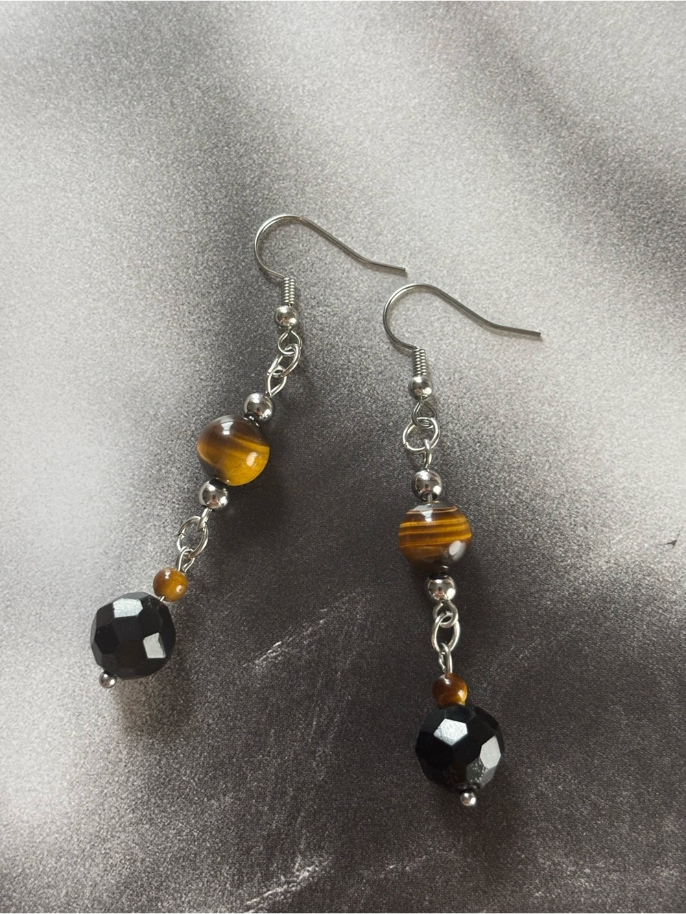 Handmade Silver Tiger's Eye and Black Bead Drop Earrings